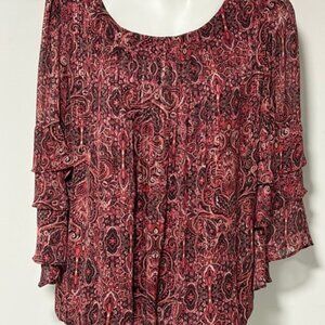 ROZ & ALI PINK MAGENTA FLORAL PAISLEY BLOUSE ELASTIC BUBBLE HEM BUTTERFLY SLEEVE